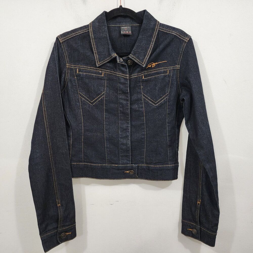 Vintage 90s Y2K FUBU The Collection Dark Blue Denim Jean Jacket Womens M Logo
